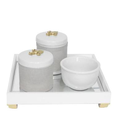 Imagem de Kit Higiene Bebê Bandeja Espelho Porcelanas Flor Liz Dourado - Potinho
