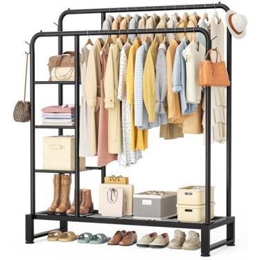 Imagem de Suporte de varas duplas com prateleiras de armazenamento de 4 níveis, suporte para pendurar roupas, multifuncional, organizador de roupas resistente com ganchos para quarto, guarda-roupa, loja, preto
