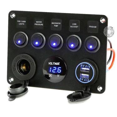 Imagem de Painel Elétrico 5 Chaves 2 Usb Com Voltímetro Para Carro, Barco, Iate,