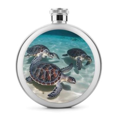 Imagem de Cantil de aço inoxidável, cantil de metal com estampa de tartarugas marinhas, clássico, cantil, garrafa de viagem, garrafa de licor portátil