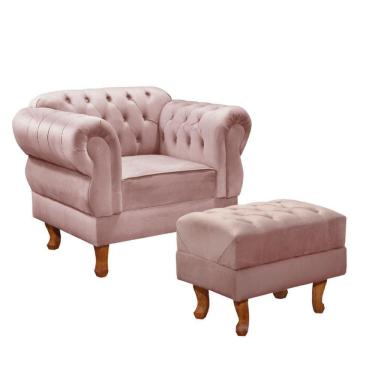 Imagem de Kit Poltrona E Puff Chesterfield Elisabeth Encanto Veludo Rosa