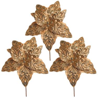 Imagem de Kit 3 Flores Bico de Papagaio Pick Natal Veludo Arabesco Glitter Dourado 28cm - Magizi