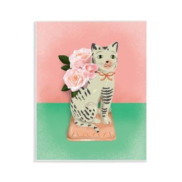 Imagem de Stupell Industries Escultura vintage de gato rosa e verde design de arte de placa de parede por Jilly Jack Designs, 14 x 11