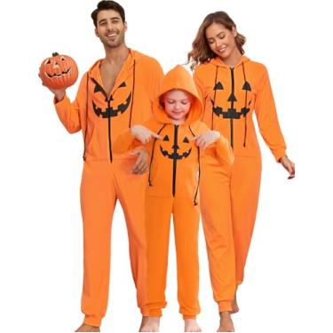 Imagem de Veseacky Conjunto de pijamas de Natal para a família para adultos, macacão com zíper, com capuz, pés, peça única, Abóbora feminina, X-Large