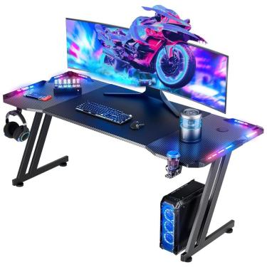 Imagem de Mesa Gamer Ergonômica 63&quot; 160 cm com Superficie de Fibra de Carbono, Gancho para Fone de Ouvido, Luz LED e Porta-Copos, 110V