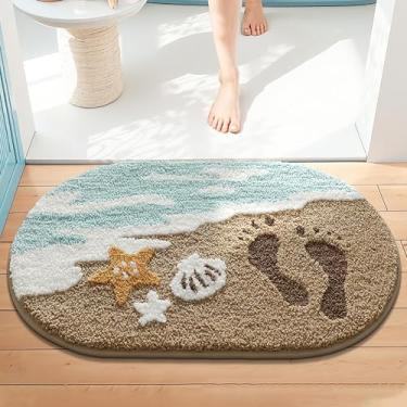 Imagem de Tapetes de banho de praia, tapete de banho de lã de pelúcia com pegada de praia engraçada, lavável na máquina, secagem rápida, tapete antiderrapante para decoração de casa, tapete de banho absorvente