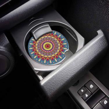 Imagem de Porta-copos de carro absorvente floral mandala - Porta-copos de cerâmica de 6,5 cm, entalhe de dedo para facilitar a remoção, acessórios geométricos engraçados para carros para mulheres e homens