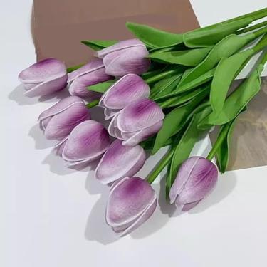 Imagem de Flores artificiais buquê de tulipas PE flores falsas decoração de jardim para casamento ao ar livre, casa, jardim, buquê de plantas (rosa vermelha)