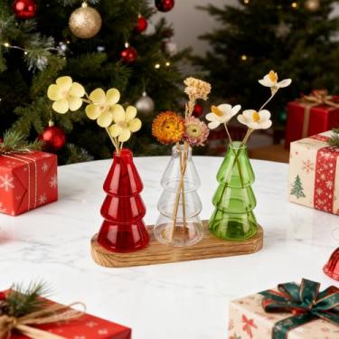 Imagem de Everkeen Estações de propagação de plantas com palete de madeira vintage, vaso de vidro de árvore de Natal tricolor para plantas com adesivo DIY decoração e escova de limpeza, atenciosa e elegante