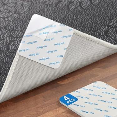 Imagem de 4 peças de prendedores de tapete para pisos de madeira, adesivos de fita antiderrapante reutilizáveis de dupla face para tapetes de área, almofadas de tapete antiderrapantes mantêm os tapetes no lugar