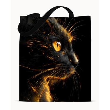 Imagem de Bolsa de ombro preta e dourada para animais - lona estética para gatos - bolsa de ombro reutilizável para compras, trabalho, viagem, praia