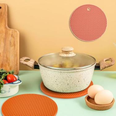 Imagem de Pacote com 4 tapetes de borracha resistente ao calor protetor de mesa antiderrapante para cozinha, suporte redondo de silicone para proteção de bancada