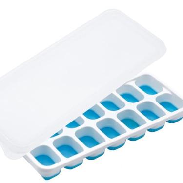 Imagem de Bandeja de cubos de gelo com tampa e lixeira, bandejas de gelo de plástico de silicone para freezer com caixa/recipiente, empilhável com kits de balde gelado de armazenamento, colher, para sopa