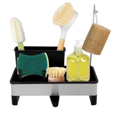 Imagem de Conjunto de dispensador de sabão de cozinha com suporte de pia, rack de armazenamento dispensador de sabão de aço inoxidável organizador multiuso fácil de instalar para bancada de pia de cozinha