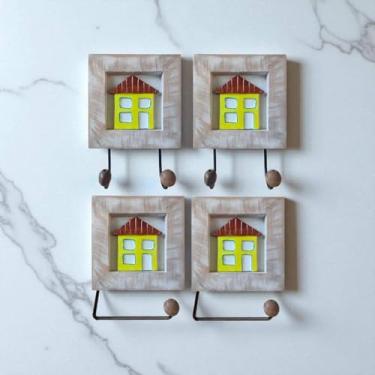 Imagem de Kit com 2 Cabideiros duplos e 2 Porta Papel higiênicos Casinhas Amarelas