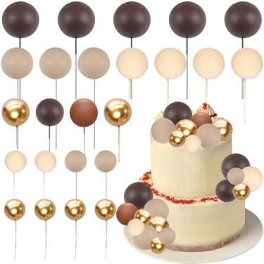 Imagem de Gyufise 50 peças de topo de bolo mini balão colorido marrom bege decorações tamanho misto bolas falsas DIY decoração de inserção de bolo para chá de bebê, casamento, chá de panela, artigos de festa de