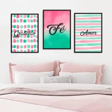 Imagem de Kit 3 Quadros Gratidão Amor Fé Rosa/Verde 33X24 Vidro Preta - Quadros 