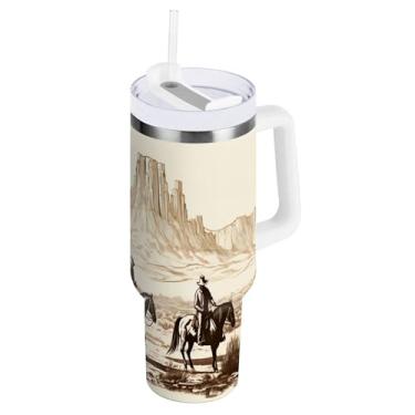 Imagem de xigua Copo vintage Western Cowboy de 1,134 g com tampa e canudo, aço inoxidável de vácuo duplo isolado garrafa de água esportiva suporte para copo de café de viagem à prova de vazamento para bebida