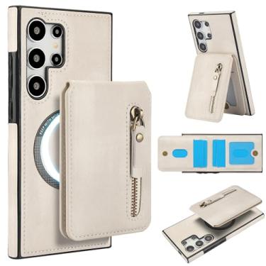 Imagem de Carteira destacável compatível com carregamento sem fio Magsafe para Samsung Galaxy S24 Ultra capa com suporte para cartão, bolso com zíper, suporte 2 em 1 capa à prova de choque (branca)