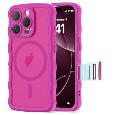 Imagem de BTBTCASE Capa compatível com iPhone 16 Pro de 6,1 polegadas 2024, linda moldura ondulada kawaii à prova de choque translúcida fosca protetora magnética 16 Pro para mulheres e meninas, rosa
