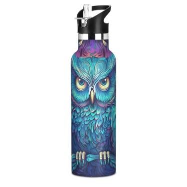 Imagem de ATTX Garrafa de água de coruja neon com tampa de palha, copo isolado de aço inoxidável de 590 ml para viagens, ao ar livre #230