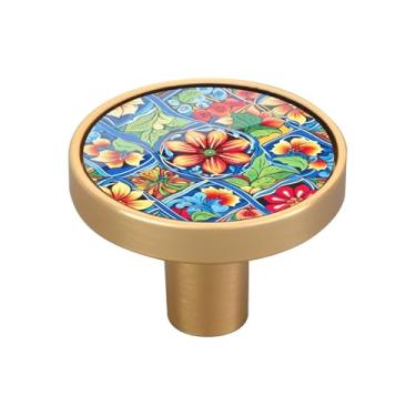 Imagem de Blueangle Pacote com 4 puxadores de armário de cerâmica mexicana 3,5 cm Puxadores redondos de gaveta para cômoda e armários de cozinha (504)