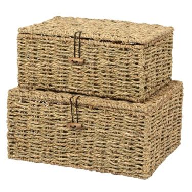 Imagem de Cestas de vime tecidas à mão, caixas de armazenamento decorativas com tampas, conjunto de 2, algas marinhas naturais, caixas organizadoras para armário, prateleira, decoração de casa
