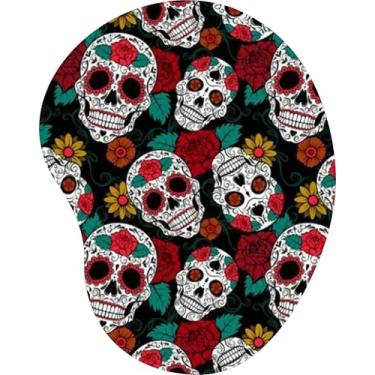 Imagem de Mouse Pad Ergonômico Gota Caveiras Mexicanas Florais Fundo Preto