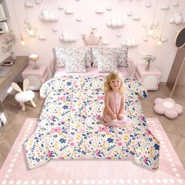 Imagem de Erosebridal Conjunto de cama solteiro com flores florais, rosa, amarelo, 7 peças, jardim, botânico, com lençóis, folhas, cama estética, para adolescentes, mulheres e adultos