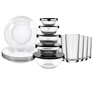 Imagem de Kit Aparelho de Jantar 17 Peças com Potes com Tampa Sortidas – Pratos, Copos e Potes de Vidro | Conjunto Completo, Moderno e Prático para Sua Mesa Posta (LISO)