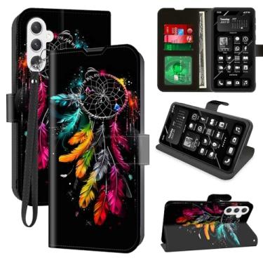 Imagem de Capa carteira para Samsung Galaxy A16 5G/4G com bloqueio RFID, 4 porta-cartões, suporte, alça de pulso – capa protetora de couro magnético para Galaxy A16, pena colorida de apanhador de sonhos