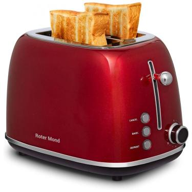 Imagem de Torradeira Roter Mond 2 Fatias Vermelha Retro Inox 6 Níveis Funções Bagel Descongelar Cancelar Slots Largos Bandeja Removível 110V