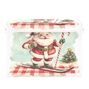 Imagem de SEHANY Linda caixa de armazenamento de Papai Noel de Natal com tampas e alças, organizador de cestas de armazenamento de tecido dobrável, caixas de armazenamento de cubos grandes para roupas, cobertor
