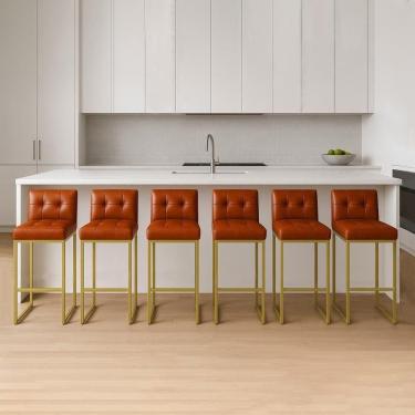 Imagem de Banqueta Cozinha Alta Com Encosto Industrial Kit 6 Dourado Lirina Pu Nozes C05 - D`rossi