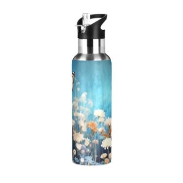 Imagem de Burbuja Garrafa de água de aço inoxidável Blue Flowers, garrafas de água isoladas a vácuo com tampa de canudo para esportes, academia, escola - à prova de vazamento e suor, sem BPA, 590 ml