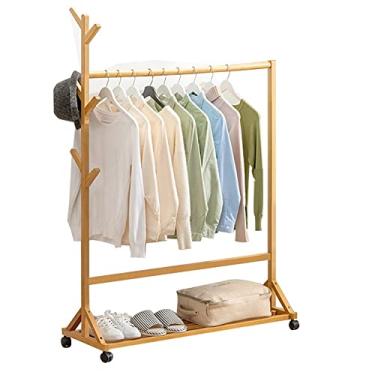 Imagem de Rack de roupas de madeira com rodinhas grande trilho de madeira para roupas com prateleiras de armazenamento, suporte aberto para casacos, suporte para pendurar para entrada, quarto, armário