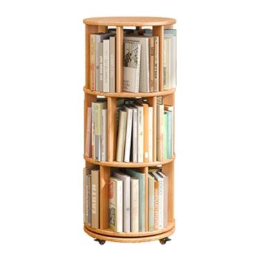 Imagem de Estante giratória de madeira maciça 360° com rodas de freio, torre de estante rolante para quarto, sala de estar, sala de estudo - organizador de prateleira de livros de canto redondo, 3 níveis 43,9