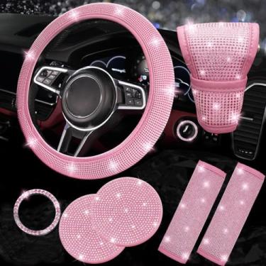 Imagem de Conjunto de Acessórios Automotivos 7 Peças - Capa de Volante com Strass Brilhante e Capas de Cinto de Segurança, Decorativo e Protetor (ROSA COMPLETO,38cm)