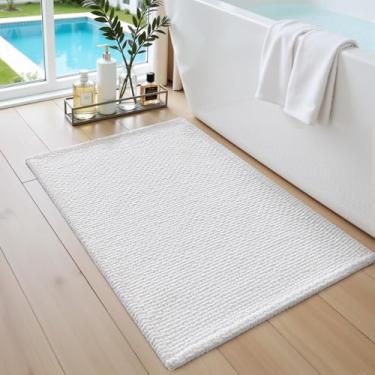 Imagem de DEXI Tapetes de banheiro 40 x 61 cm, tapete de banho lavável antiderrapante, tapete de chenille absorvente com suporte de borracha, tapete grosso ultra macio para banheira e chuveiro, branco
