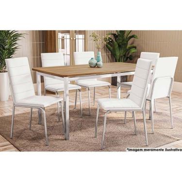Imagem de Mesa de Sala Jantar Reno c/ Tampo Madeira 160cm + 6 Cadeiras Amsterdã Cromada - Assento Branco 106 - Kappesberg