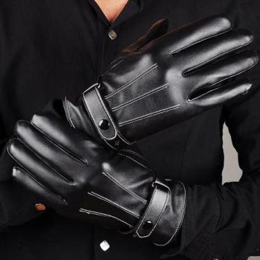 Imagem de Luvas De Inverno Masculinas Em Couro PU Preto, Quentes E À Prova De Ve
