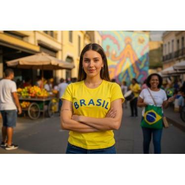 Imagem de Camiseta Feminina T Shirt Malha em Algodão Estampada Brasil Jogos do P