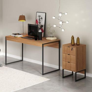 Imagem de Conjunto Home Office 2 Peças com Mesa para Escritório 1 Gaveta e Gaveteiro 3 Gavetas Tecno Mobili Amêndoa/Preto