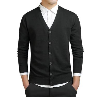 Imagem de Suéter de algodão masculino manga longa cardigã masculino gola V suéter solto sólido botão ajuste tricô estilo casual, Preto, Small