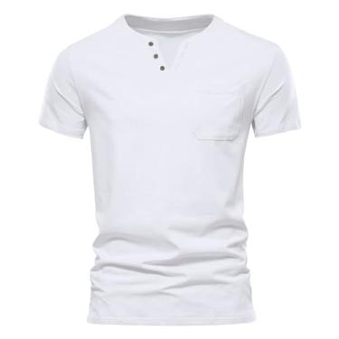 Imagem de Camisetas masculinas manga curta slim fit cor sólida gola V esportes Henley camisa com bolso, Branco, XXG
