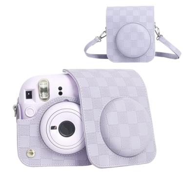 Imagem de HIYQIN Capa de câmera compatível com câmera instantânea Fujifilm Instax Mini 12, bolsa de transporte para câmera estilo quadriculado para Polaroid Instax Mini 12 com alça - roxo lilás