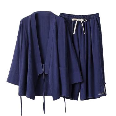 Imagem de Conjunto masculino de 2 peças, cor lisa, com cordão, cintura e camisa polo de linho, terno chinês, Azul-escuro, XX-Large