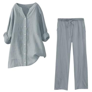 Imagem de Lainuyoah Conjunto de duas peças para mulheres, camisa de algodão e linho, gola V e calça de cintura elástica, conjunto de agasalho liso, Cinza A, X-Large