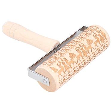 Imagem de Rolo de massa de Natal de madeira com gravação de Natal em relevo, ferramenta de pastelaria, floco de neve, casa, jardinagem (alce)