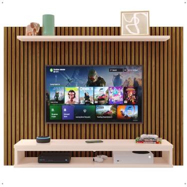 Imagem de Painel Suspenso Nairóbi Prateleira Superior Nicho Tv até 48 Polegadas Sala Estar Quarto - Ripado Freijó/Off White - Lojas RPM